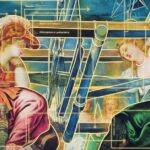 "Rappresentazione artistica del mito di Aracne e Atena con linee di forza geometriche, simbolo della hybris e della trasfigurazione."